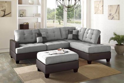 Luxurious Grey Polyfiber Contemporary Sectional Sofa Set – Tufted, Reversible 3-Piece with Chaise & Ottoman for Stylish Living Rooms