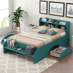 Elegant Dark Green Full-Size Platform Bed | Wood Frame with 2 Storage Drawers, Headboard & Footboard