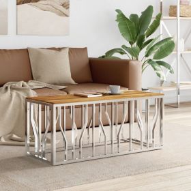 Coffee Table Silver Stainless Steel and Solid Wood Acacia