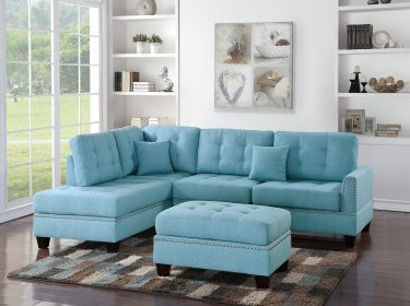 Luxurious Modern Blue 3-Piece Sectional Sofa with Reversible Chaise & Ottoman - Tufted Polyfiber Linen Couch with Pillows