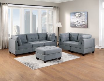 LUXURY 6-PC MODULAR SOFA SET | TUFTED GRAY LINEN LIVING ROOM FURNITURE