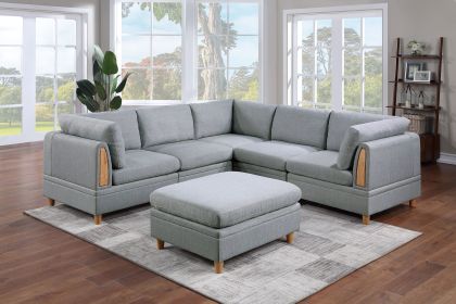 Cozy 6-Piece Modular Sofa Set | Light Grey Dorris Fabric Living Room Furniture | 3 Corner Wedges, 2 Armless Chairs & Ottoman