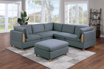 Luxurious 6-Piece Contemporary Modular Sectional Sofa Set - Steel Dorris Fabric with 3 Wedges, 2 Armless Chairs & Ottoman