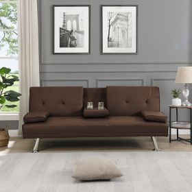 Elegant Brown PVC Sofa Bed w/ Wood Frame & Stainless Steel Legs | Futon w/ Armrest Cup Holders