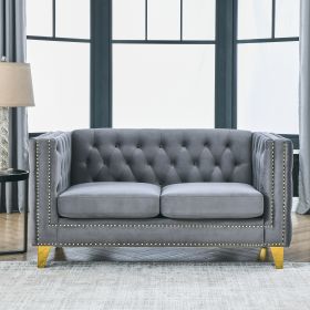 Luxurious Velvet Button-Tufted Sofa for Living Room | Modern Square Arm Couch with Metal Leg