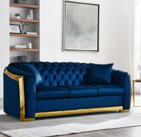 Luxurious Navy Blue Velvet Chesterfield Sofa Set - 84" Tufted Couch with Gold Accents for Living Room