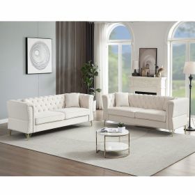 Luxurious 3-Seater + 3-Seater Tufted Sofa Couch with Rolled Arms & Nailhead Trim – Elegant Living Room, Bedroom, Office Seating + 4 Plush Pillows