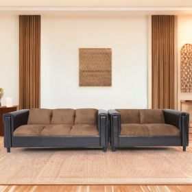 Luxurious Faux Leather & Chenille Loveseat Set | Modern Brown Couch with Solid Wood Frame