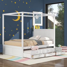 STUNNING WHITE QUEEN CANOPY PLATFORM BED WITH TWIN TRUNDLE & 3 STORAGE DRAWERS