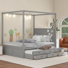 QUEEN CANOPY PLATFORM BED WITH TWIN TRUNDLE & STORAGE - GRAY