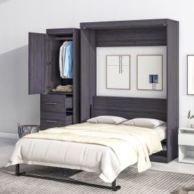 Gray Full Size Murphy Bed with Wardrobe & Drawers | Foldable Cabinet Storage Bed