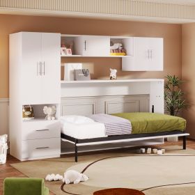 STYLISH WHITE TWIN MURPHY BED | STORAGE DRAWERS, OPEN SHELVES & BUILT-IN WARDROBE – SPACE-SAVING FURNITURE