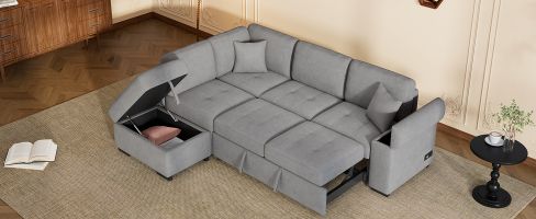 SLEEK GRAY L-SHAPE SLEEPER SECTIONAL SOFA | STORAGE OTTOMAN, HIDDEN ARM STORAGE & USB PORTS | IDEAL FOR LIVING ROOM & APARTMENT