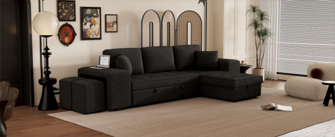 SPACIOUS 104" MODERN L-SHAPE SECTIONAL COUCH | REVERSIBLE PULL-OUT SLEEPER WITH STORAGE & 2 STOOLS