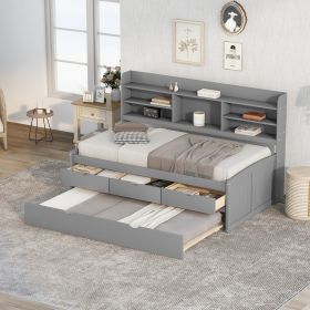 Twin Size Captain Bed w/ Bookshelves, 3 Storage Drawers & Trundle | Light Grey Wood Bed Frame