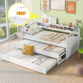 Elegant Twin XL Wood Daybed with 2 Trundles & 3 Storage Cubbies | USB Charging, Light Included – White