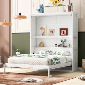 "Elegant Queen Size White Murphy Bed Wall Unit with Integrated Shelves"