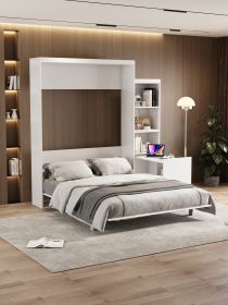 Stylish Queen Size Murphy Bed with Shelf & Drawers | Modern White Vertical Wall Bed for Bedroom/Guestroom | Space-Saving Hidden Bed Design