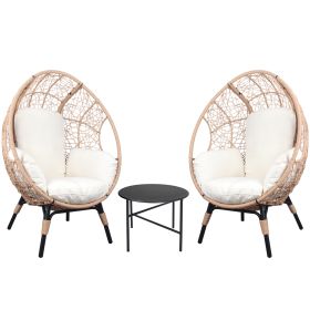 Modern 3-Piece Patio Egg Chair Set with Side Table | Natural Rattan & Neutral Beige Cushions