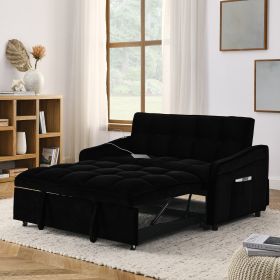 Loveseats Sofa Bed with Pull-out Bed,Adjsutable Back and Two Arm Pocket,TypeC and USB Charging with Copper nail,Black (47"x53"x31")