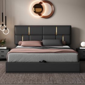 LUXE BLACK QUEEN UPHOLSTERED PLATFORM BED w/ HYDRAULIC STORAGE | NO BOX SPRING NEEDED