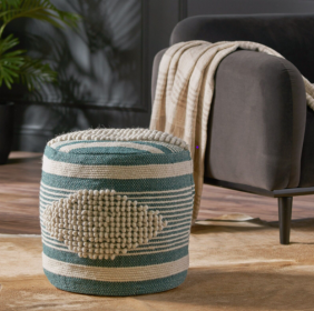 Diamond Handcrafted Fabric Cylindrical Pouf, White and Teal