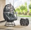 HIKRE PATIO LOUNGE CHAIR & SIDE TABLE SET - CHARCOAL FABRIC, BLACK WICKER, CLEAR GLASS