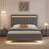 Floating Bed Frame Queen Size with LED Lights, Upholstered Headboard and Footboard Platform Bed, Wood Slats Support Easy Assembly