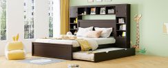 Elegant Queen Size Wooden Bed with All-in-One Cabinet, Shelf & Sockets | Twin XL Trundle | Rich Espresso Finish