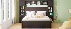 Elegant Queen Size Wooden Bed with All-in-One Cabinet, Shelf & Sockets | Twin XL Trundle | Rich Espresso Finish