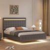 Floating Bed Frame Queen Size with LED Lights, Upholstered Headboard and Footboard Platform Bed, Wood Slats Support Easy Assembly