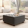 STYLISH MID-CENTURY STORAGE BENCH | DARK GREY FOOTSTOOL WITH NAILHEAD TRIM & DUAL DOORS – MODERN COFFEE TABLE FOR LIVING ROOM