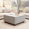 Mid-Century Modern Large Square Storage Bench – Light Grey Footstool with Nailhead Inlay & Dual Storage Doors | Stylish Coffee Table for Living Room