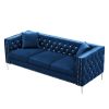 Elegant 82.3" Blue Velvet Sofa with Jeweled Tufted Buttons | Modern Square Arm Couch + 2 Plush Pillows