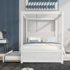 Elegant Full Size Wood Canopy Bed with Trundle | Sleek Brushed White Platform Bed, No Box Spring Required, Support Slats Included