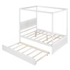 Elegant Full Size Wood Canopy Bed with Trundle | Sleek Brushed White Platform Bed, No Box Spring Required, Support Slats Included