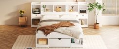 Charming Queen Size White Wood Platform Bed | Multi-Storage Headboard & Drawer | Stylish & Functional