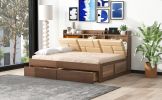 Deluxe Full Size Wood Daybed with Upholstered Storage, USB Ports & Dual Drawers | Rich Wood Finish