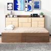 Deluxe Full Size Wood Daybed with Upholstered Storage, USB Ports & Dual Drawers | Rich Wood Finish