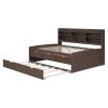 FULL SIZE WOOD CAPTAIN’S BED | BUILT-IN BOOKSHELVES, 3 STORAGE DRAWERS & TRUNDLE | ANTIQUE GREY