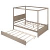 Wood Canopy Bed with Trundle Bed ,Full Size Canopy Platform bed With Support Slats .No Box Spring Needed, Brushed Light Brown