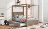 Wood Canopy Bed with Trundle Bed ,Full Size Canopy Platform bed With Support Slats .No Box Spring Needed, Brushed Light Brown