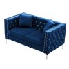 Glamorous 59.4" Blue Velvet Sofa | Jeweled Buttons | Chic Square Arms & 2 Plush Pillows