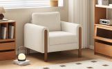 LUXURIOUS OVERSIZED ACCENT CHAIR – PLUSH UPHOLSTERED SINGLE SEAT WITH CURVED HANDRAIL & WALNUT LEGS – ELEGANT WHITE LIVING ROOM CHAIR