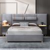 Luxurious Queen Upholstered Velvet Platform Bed | Gray | USB Charging Ports & Outlets | Storage Shelves | Two Bedside Pillows