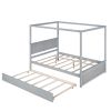 Wood Canopy Bed with Trundle Bed ,Full Size Canopy Platform bed With Support Slats .No Box Spring Needed, Brushed Gray