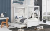 Elegant Full Size Wood Canopy Bed with Trundle | Sleek Brushed White Platform Bed, No Box Spring Required, Support Slats Included