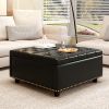 Mid-Century Modern Large Square Storage Stool | Chic Black PU Leather Footstool with Two Doors | Elegant Coffee Table with Studded Accents