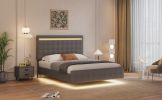 Floating Bed Frame Queen Size with LED Lights, Upholstered Headboard and Footboard Platform Bed, Wood Slats Support Easy Assembly