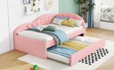 Twin Size PU Upholstered Tufted Daybed with Trundle and Cloud Shaped Guardrail, Pink